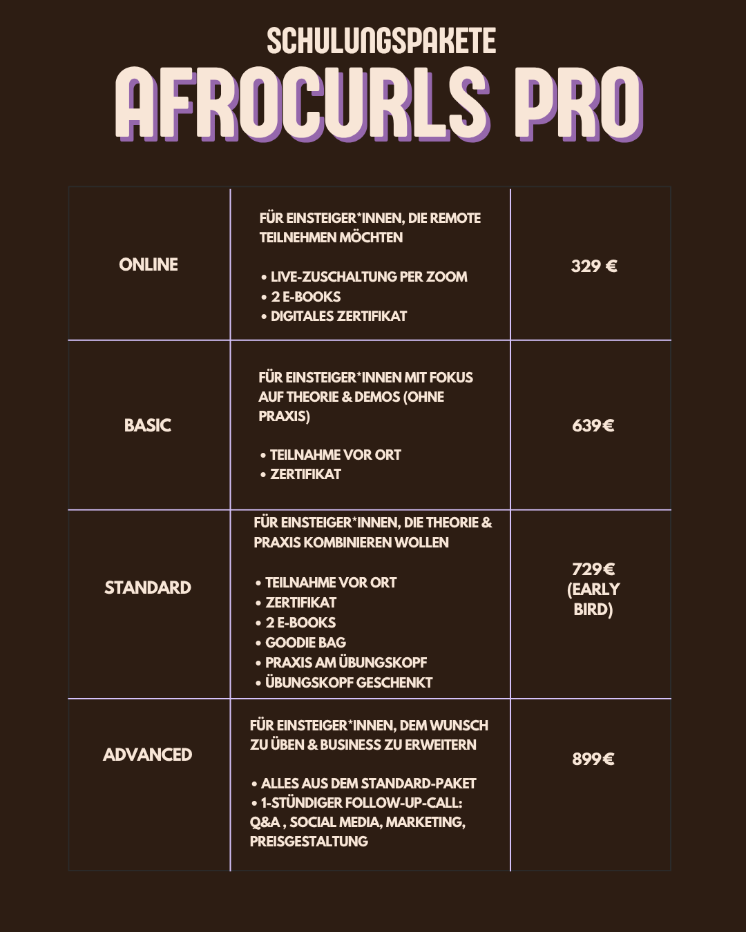 AfroCurls Pro Schulung – Ticket für Friseur*innen (Basic / Standard / Advanced / Online)