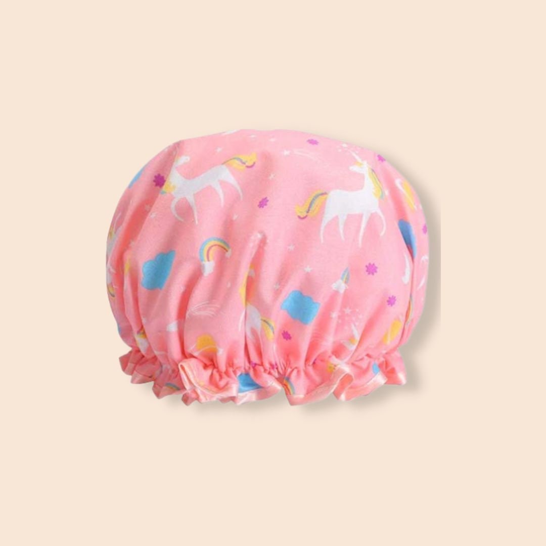 Duschhaube Kids, klein mit Einhorn-Motiv, rosa