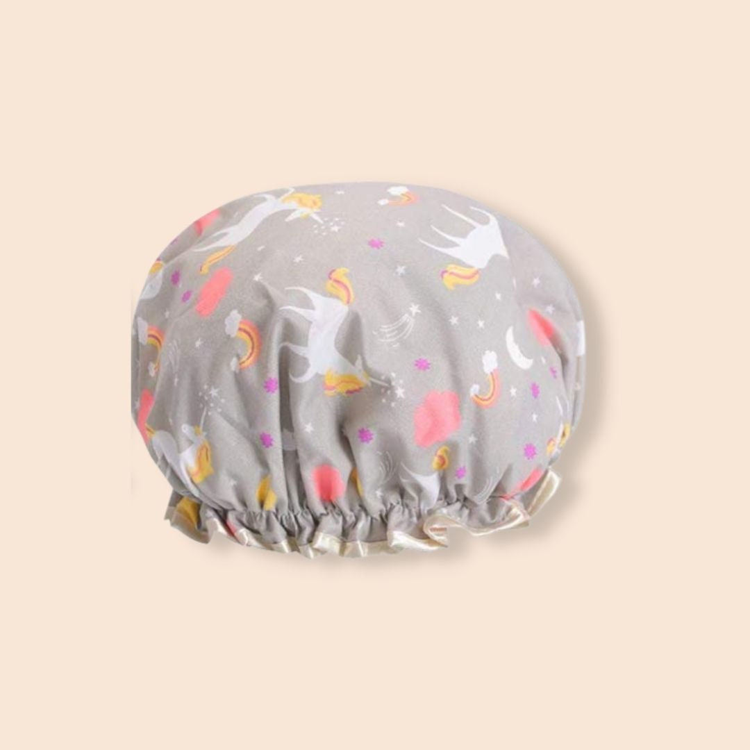 Duschhaube Kids, klein mit Einhorn-Motiv, grau