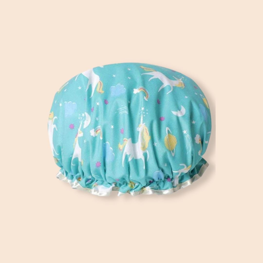 Duschhaube Kids, klein mit Einhorn-Motiv, blau