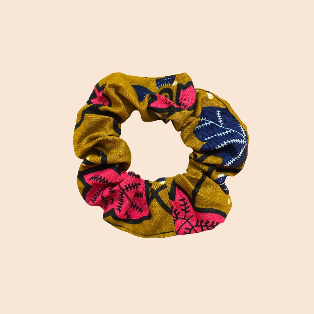 Waxprint Scrunchie M camel, pink, blau